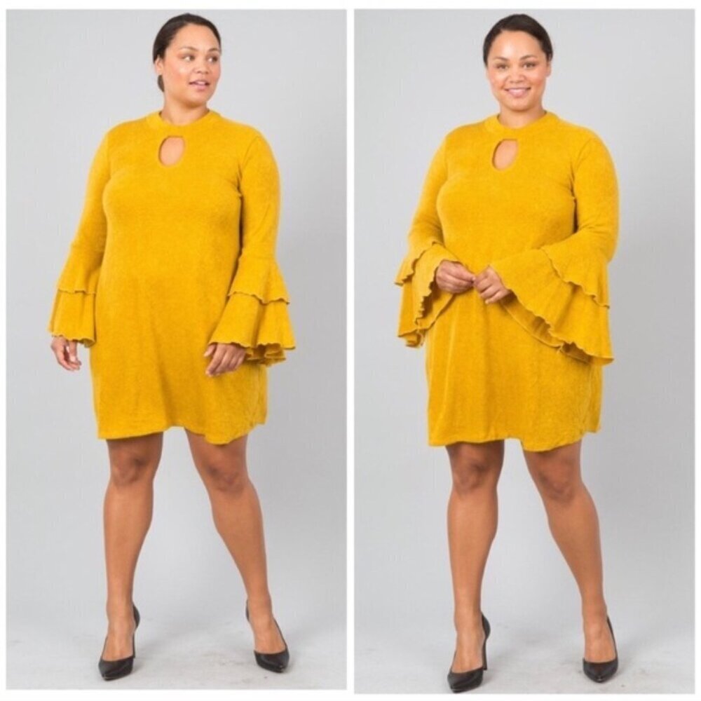 Mustard Yellow Bell Sleeve Knee Length Dress Keyhole Sweater Dress 2xl 3xl - Picture 2 of 11